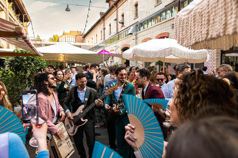 Band performing at evening event